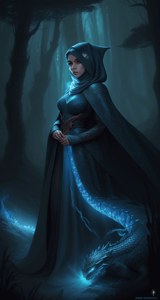 AI generated: a hijab woman, adventurer costume, big cloak, fantasy forest landscape, dragon scales, fantasy magic...