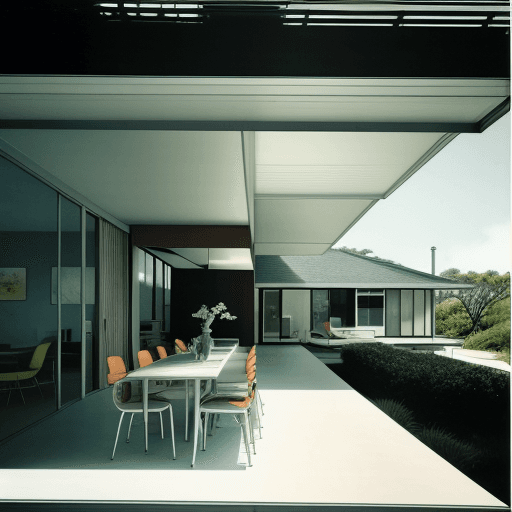 AI generated: Hyper realistic eye level exterior photo of a mid century modern style house overlooking the ocean, ...