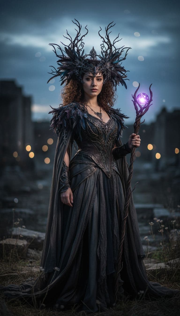 AI generated: A beautiful pale skin girl with intricate metalwork and feathers in her hair, dark fantasy, fantasy,...