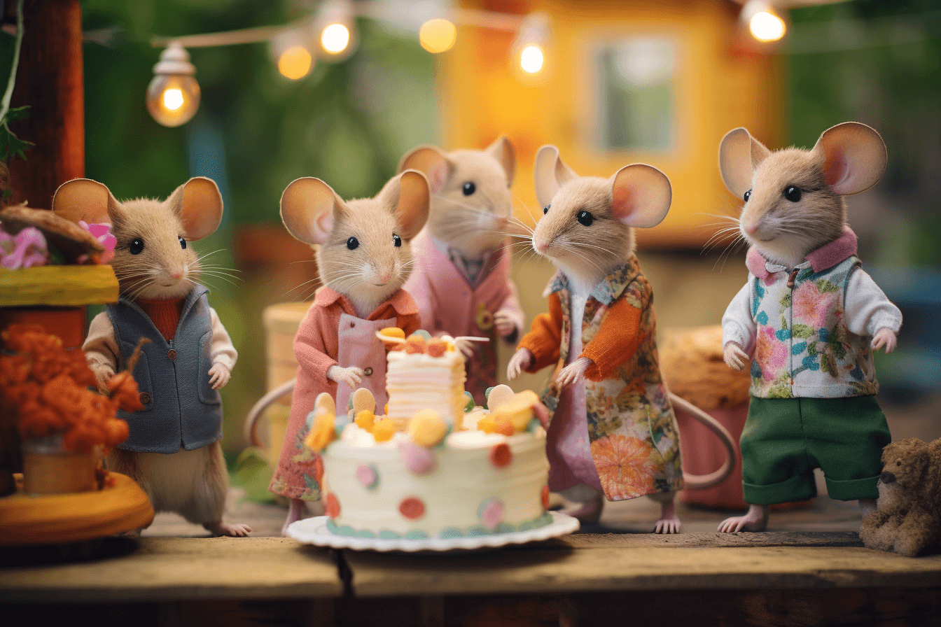 AI generated: a group of colorful mice wearing clothes have a garden party with nice cakes, atmospheric, canon eos...