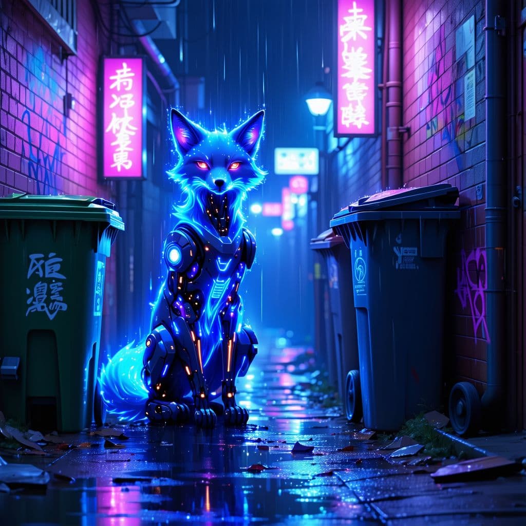 AI generated: A sleek, cybernetic fox with glowing blue and purple fur, standing alert in a neon-lit back alley of...