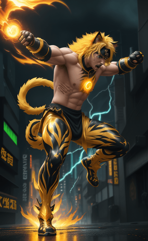 AI generated: painterly style, photorealistic, more colorful, rage golden yellow fluffy cat cyber shadow  ninja wa...