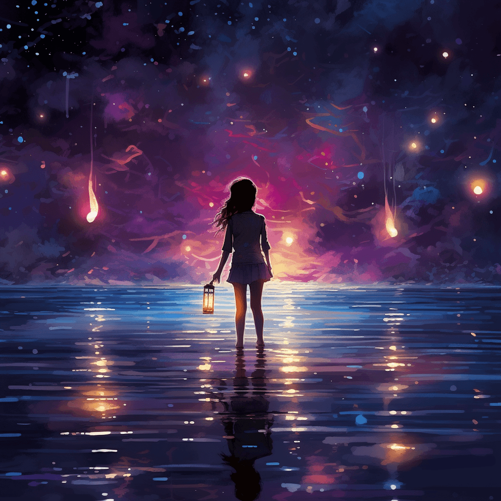 AI generated: Back view, anime scenery from studio Ghibli, anime girl, holding a lantern, staring at the night sky...