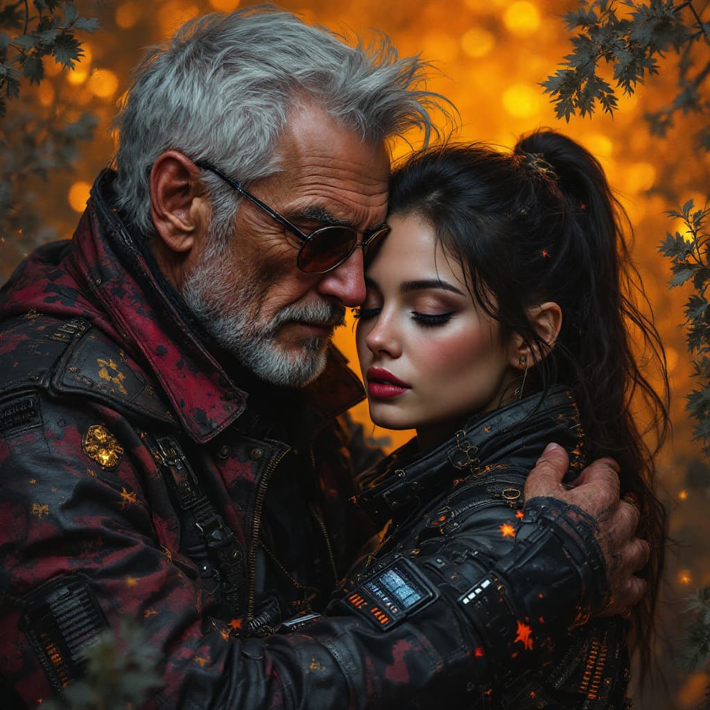 AI generated: Older male 45 and younger female 25 hugging cyberpunk