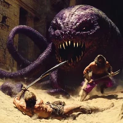 AI generated video: Two men fight off a monster with many tentacles 