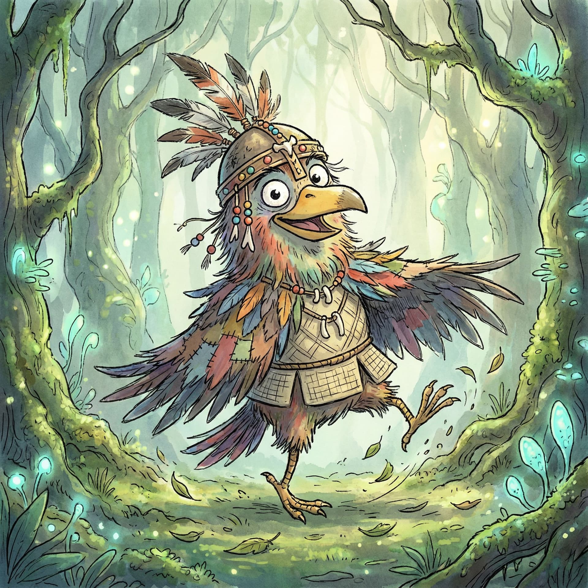 AI generated: A bird with vibrant feathers, in a feathered headpiece, with sparkling eyes and a mischievous expres...