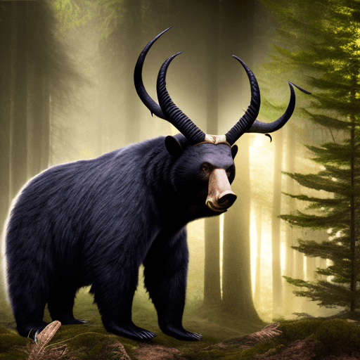 AI generated: realistic photo of an old black bear and a mountain goat with enormous horns standing in a dark forr...