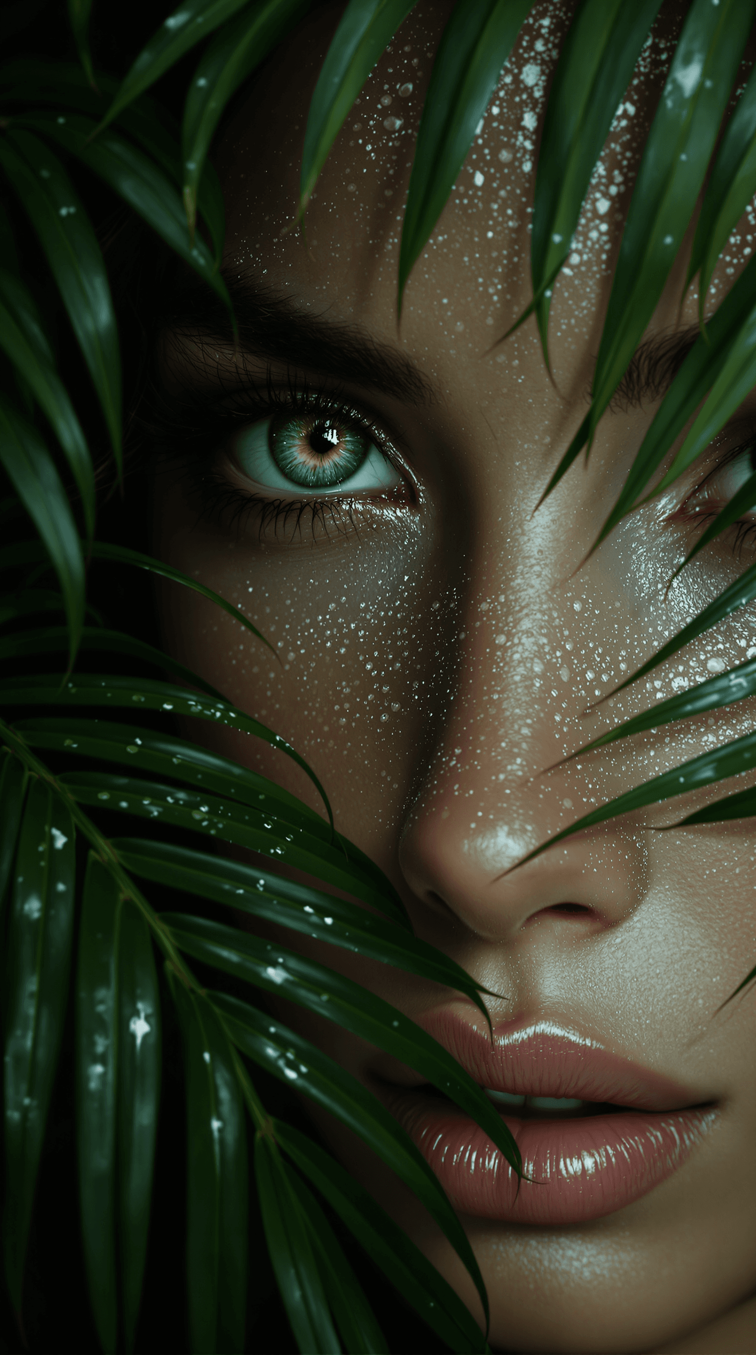 AI generated: face covered in dewdrops, green eyes, surrounded by green palm leaves, mint black , beautiful , mini...