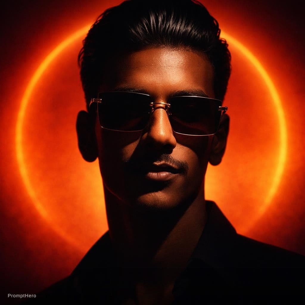 AI generated: A person with slicked-back dark hair wearing oversized square sunglasses is shown in a dramatic, cin...