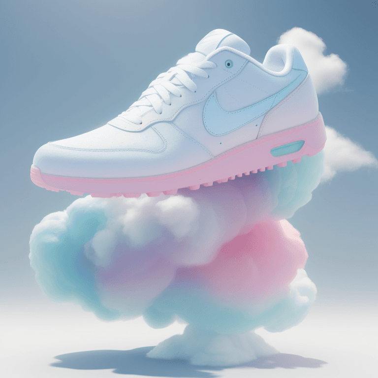 AI generated: pair of shoes that are made of cotton candy| 3D render| standing on a cloud| nike logo| clean compos...