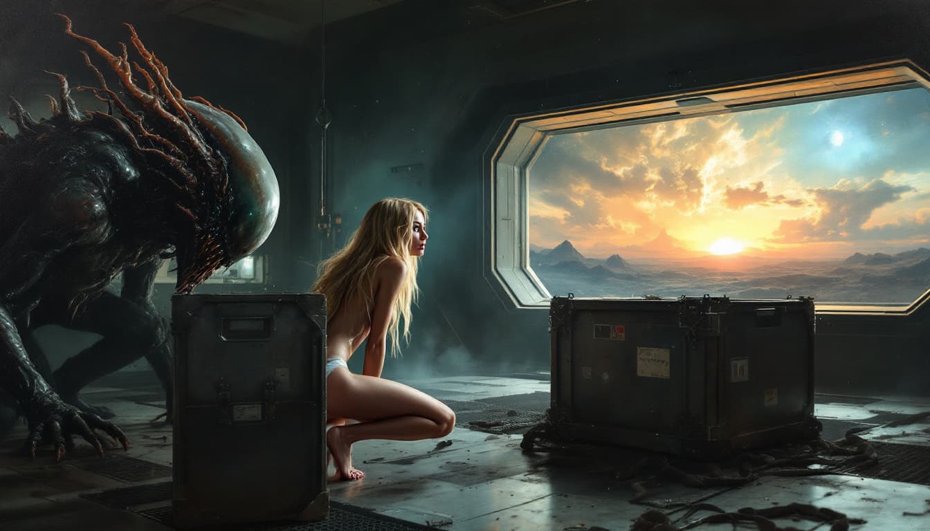 AI generated: An image of a beautiful barefoot 18 year old woman with a slim figure, a scared face, long blonde ha...