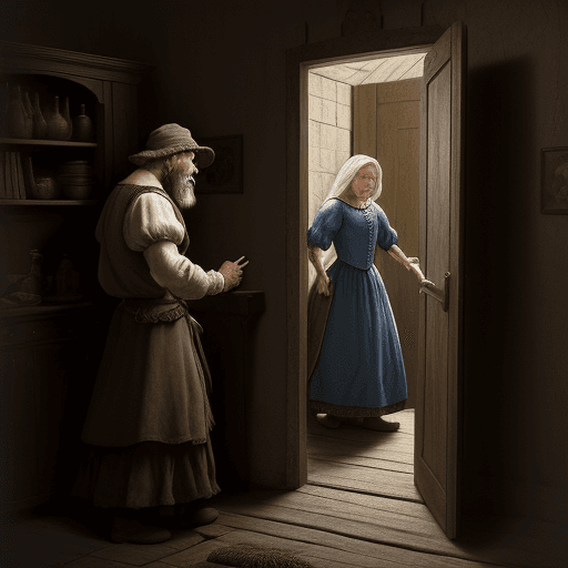 AI generated: A peasant man pleading with his wife behind a locked door. a haunted ambience from old-time fairy ta...