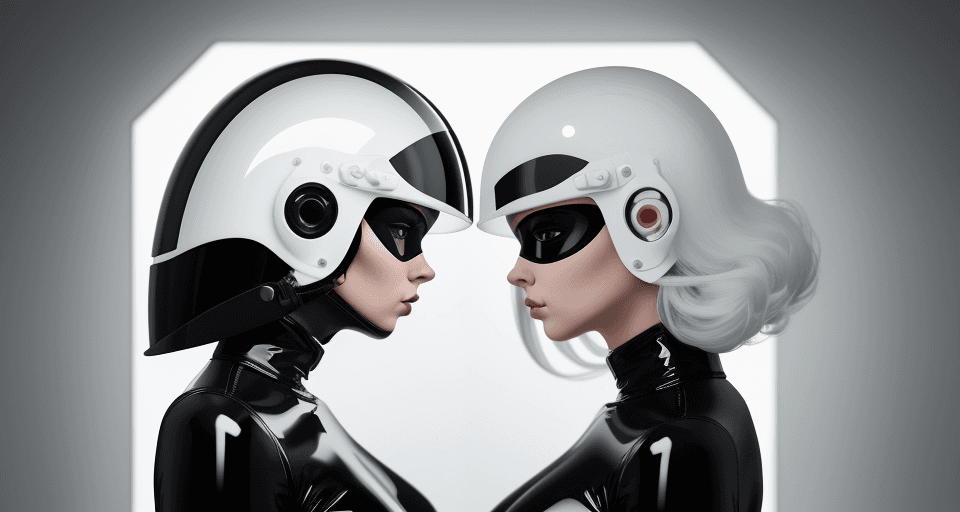 AI generated: Close up shot of a woman wearing a black latex outfit and full face helmet, standing in a white mini...
