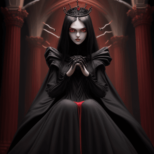 AI generated: masterpiece, best quality, 1girl,  black hair, medium hair, red eyes, queen girl spider, scary head ...