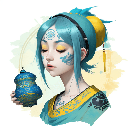 AI generated: a girl with blue hair with eyes closed, in the style of a fortune teller, a yellow hootie, romantic ...