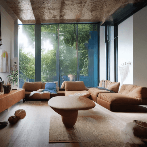 AI generated: High resolution photography interior design, dreamy sunken living room conversation pit, wooden floo...