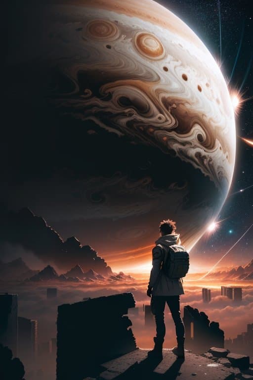 AI generated: Jupiter is about to collide with Earth, one minute before the end of the world, A person is standing...