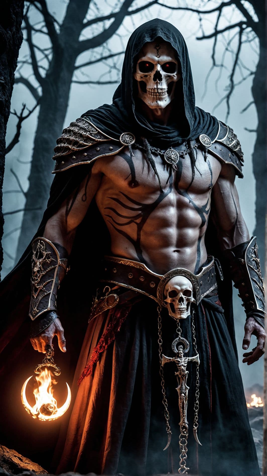 AI generated: A chilling Necromancer stands amidst a fog-covered battlefield, skeletal warriors rising from the bl...