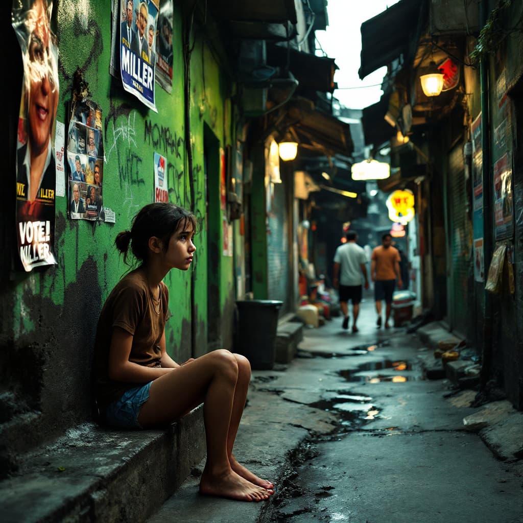 AI generated: create a reaslistic imaage In a narrow, dimly-lit alleyway with makeshift shops and signs, a young g...