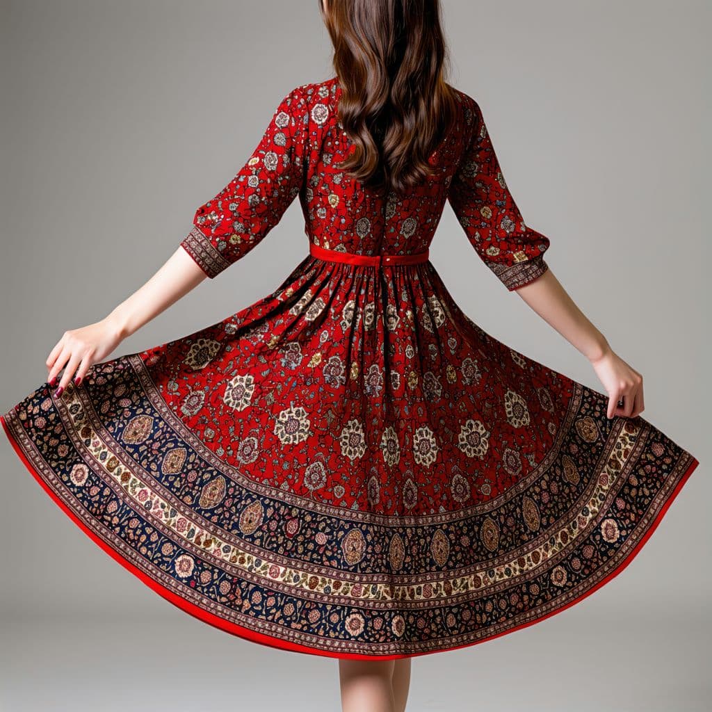 AI generated: A woman wears a detailed red dress inspired by Persian carpets, seen from behind. The traditional ca...