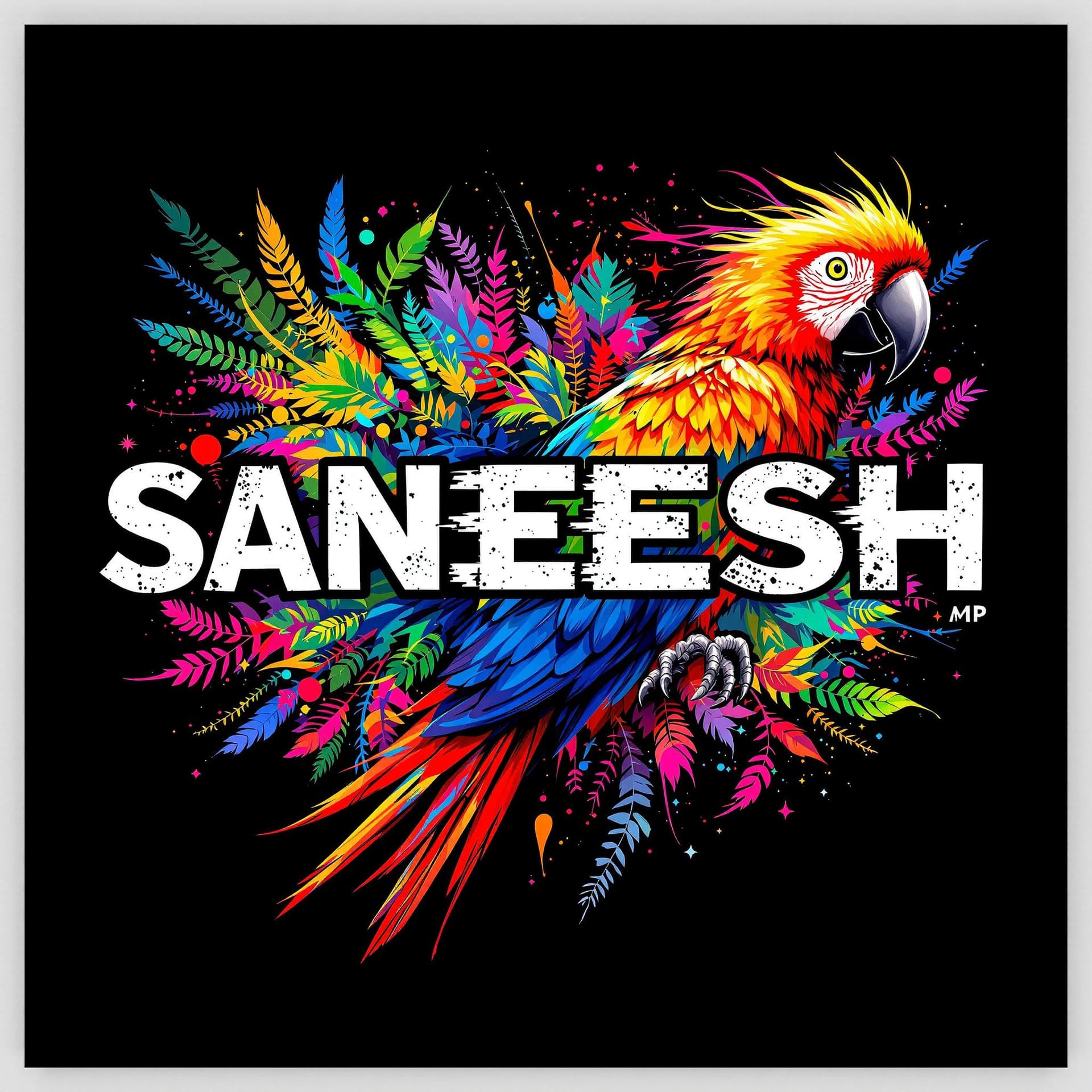 AI generated: A vibrant and bold design featuring the phrase 'SANEESH MP' in a striking white, uppercase, bold fon...