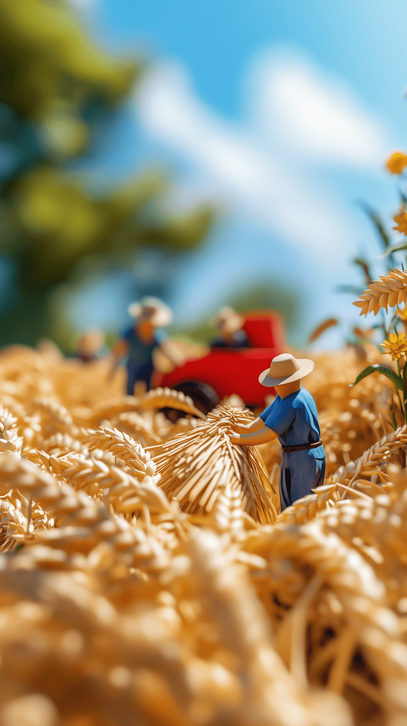 AI generated: 3D miniature scene, summer, countryside, endlessfield , several farmers are harvesting wheat,they ar...