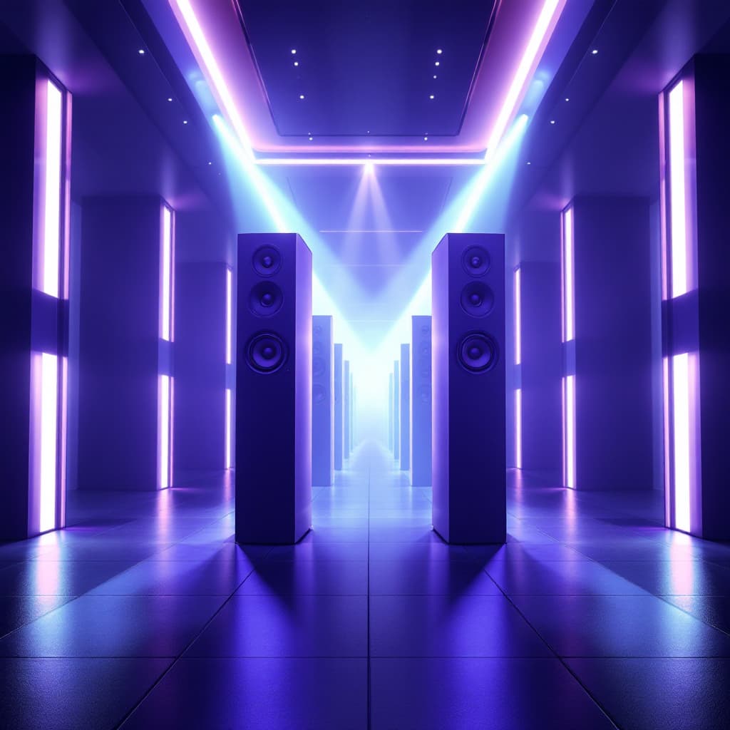 AI generated: a room with 8 tall music speaker towers with neon vivid woofer colors back to back standing in the c...