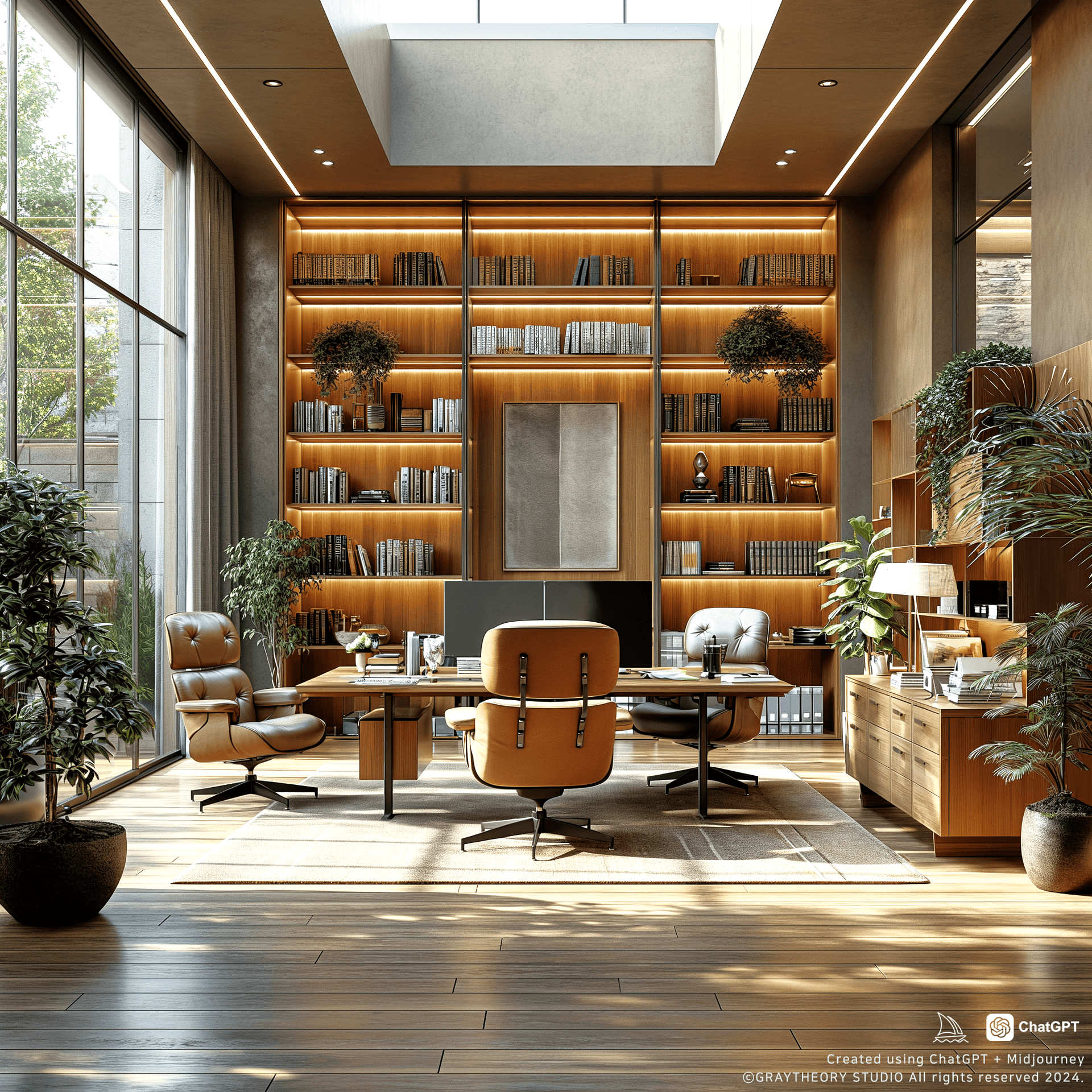 AI generated: Spacious office with frontal view, Herman Miller Aeron chairs, Artemide Tolomeo desk lamps, captured...