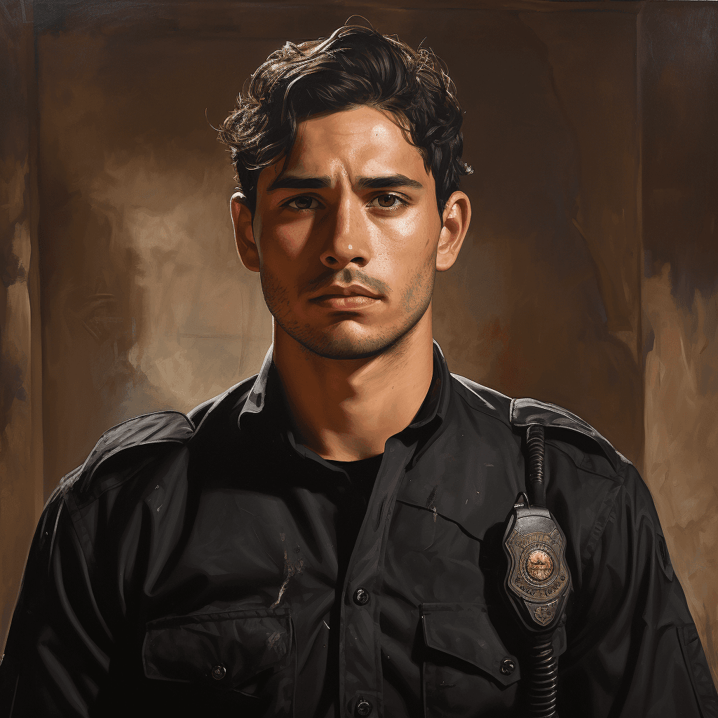 AI generated: portrait of a handsome young mexican policeman in guadalajara, art by denys tsiperko and manuel sanj...