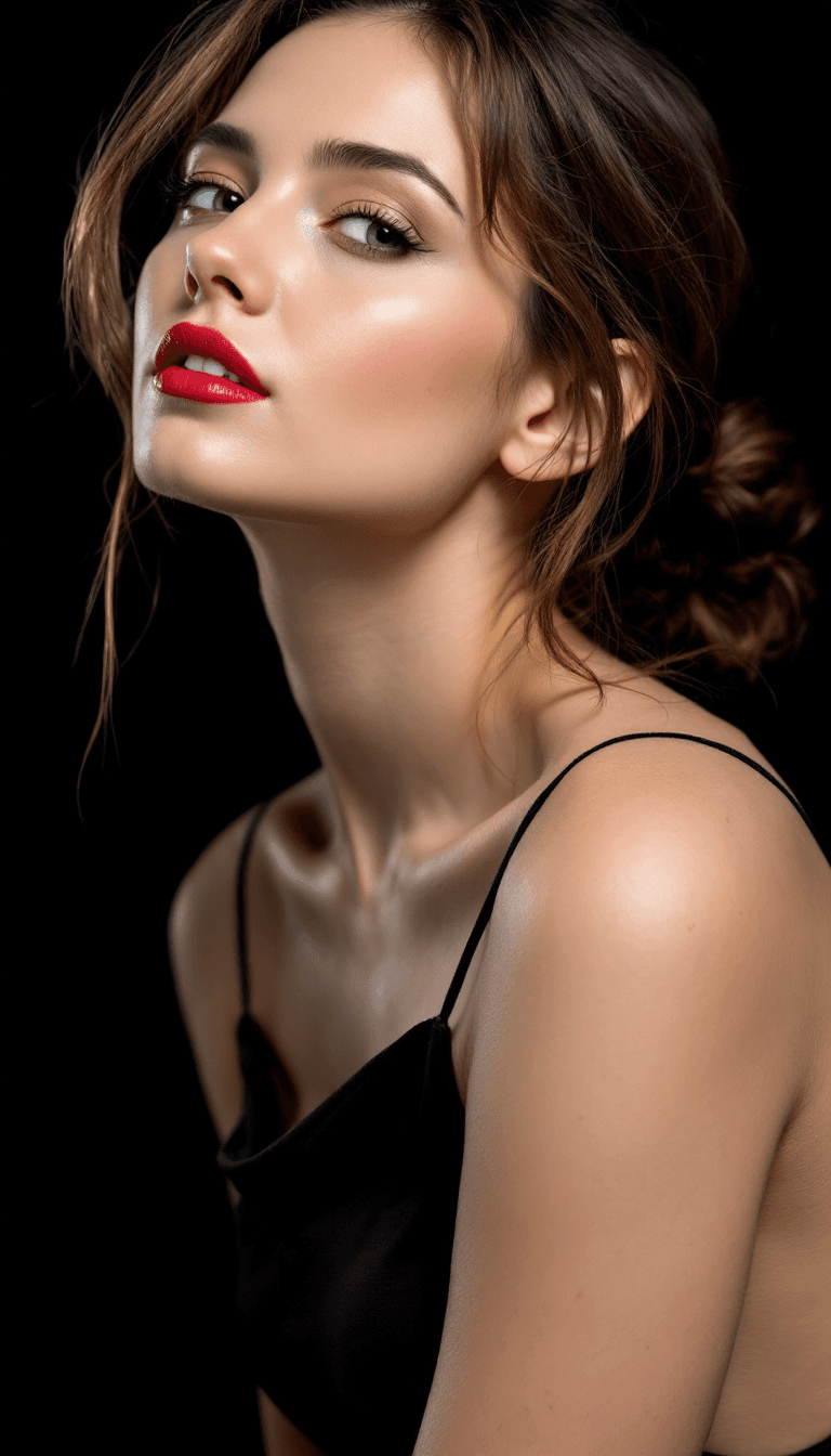 AI generated: A woman with fair skin, light red lipstick, and brown hair in a loose bun, wearing a black spaghetti...