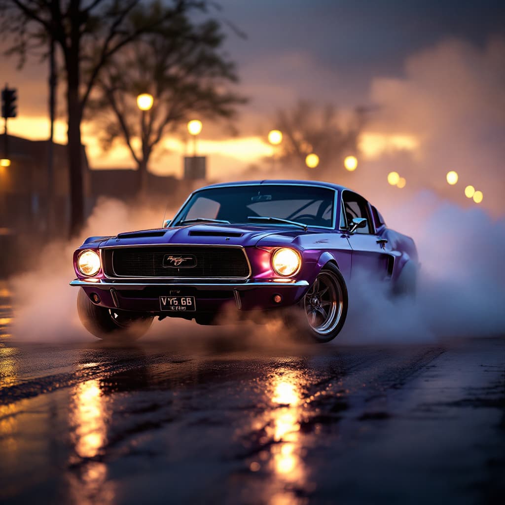 AI generated: 1968 ford mustang GT, Purple shimmer paint, shiny chrome bumpers, burnout, set at dusk on a wet stre...