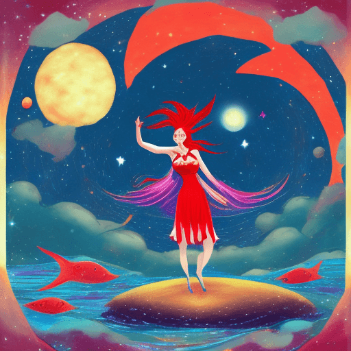 AI generated: image featuring a character with red hair and a flamboyant costume standing on a crescent moon. The ...