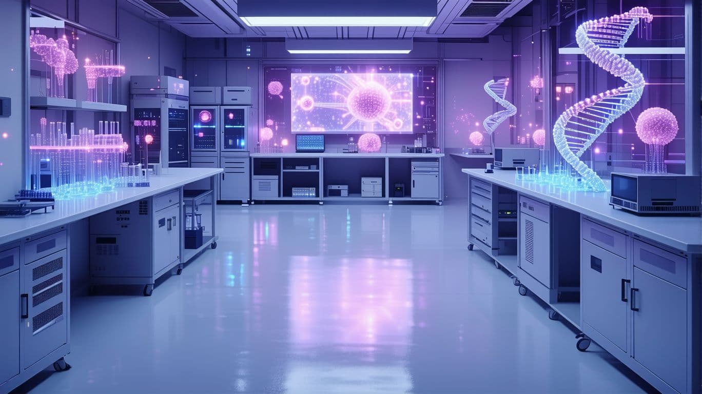 AI generated: /imagine prompt: Ultra HD 16K render of gene editing lab, CRISPR equipment with molecular-level deta...