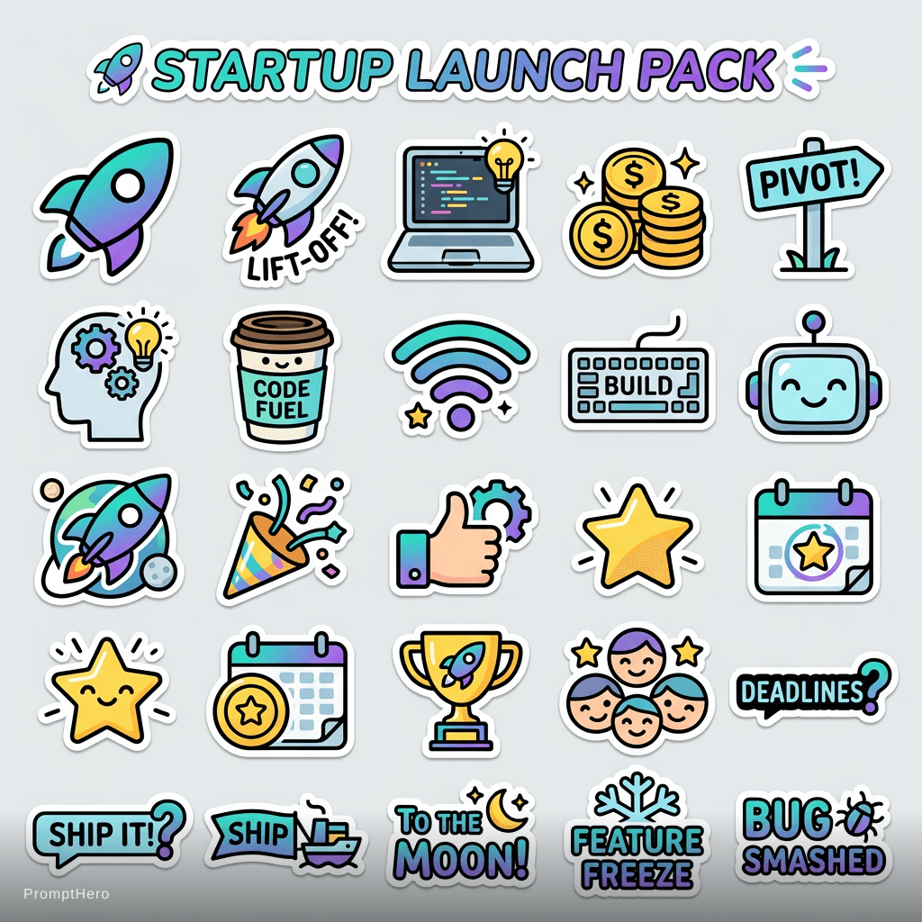 AI generated: tech startup stickers based on the uploaded logo, rocket ships, laptops, celebration emojis, modern ...