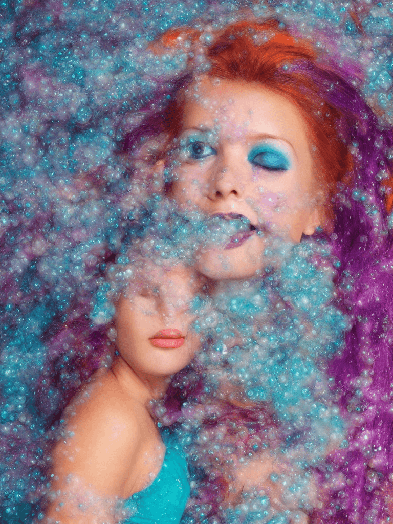 AI generated: Frontal portrait of a whimsical and colorful woman resembling a mermaid or siren. Fair complexion, y...