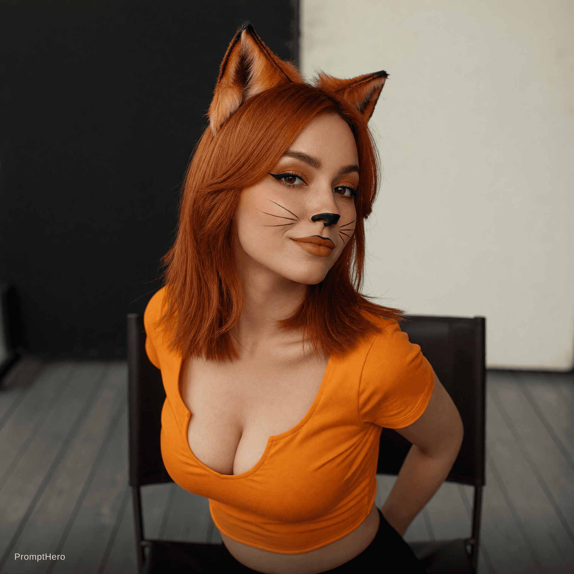 AI generated: Photorealistic studio portrait of a young woman with vibrant copper-orange shoulder-length hair wear...