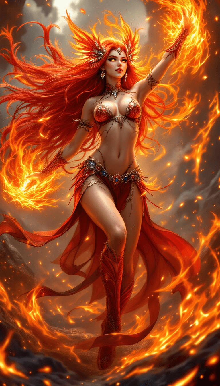 AI generated: The Phoenix Flame Dancer: A powerful and passionate warrior with long, flowing, vibrant red hair tha...
