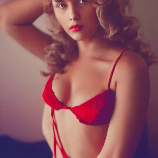 AI generated: hyperrealistic photo, beautiful young cuban woman model in red lingerie, blonde balayage hair, vinta...