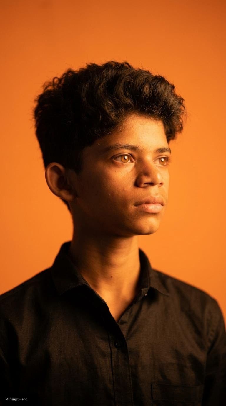 AI generated: editorial photography, side view, upper-body, nine years old boy model, background is solid orange, ...