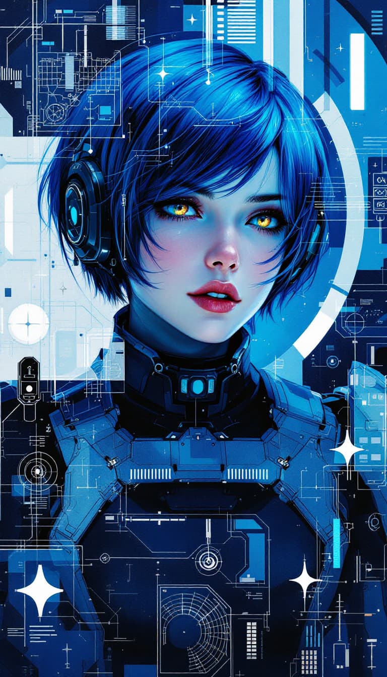 AI generated: "Lapis Tactician in a Holographic Chamber": A captivating abstract painting presents a tactician, di...