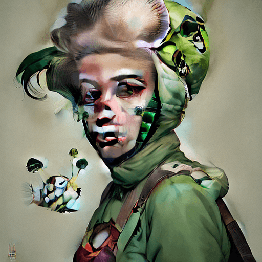 AI generated: woman wearing a green puffer fish on her face, in the style of hip pop, surreal comic scenes, jarrin...