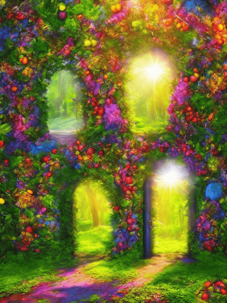 AI generated: a magical colorful summer forest inside the doorway, fruits planted on the trees, strong sunshine fr...