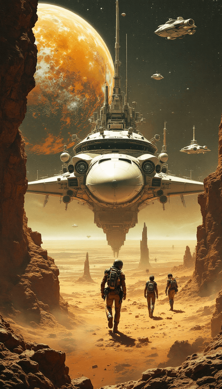 AI generated: A cinematic still of a **massive space station** orbiting an **alien planet**, its **dark metallic s...