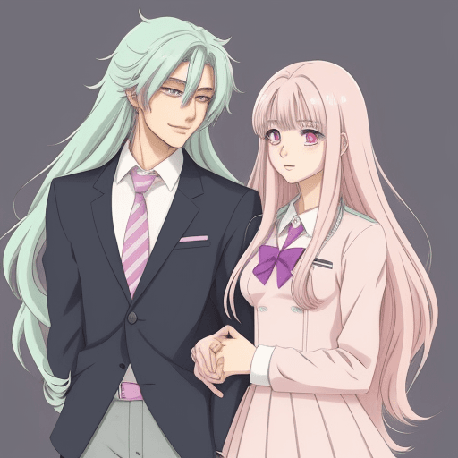 AI generated: in anime manga style, a man with long hair who falls in love with a young werewolf in a school unifo...