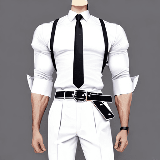 AI generated: A white dress shirt with flared sleeves that reach the ground and belt straps around the biceps and ...