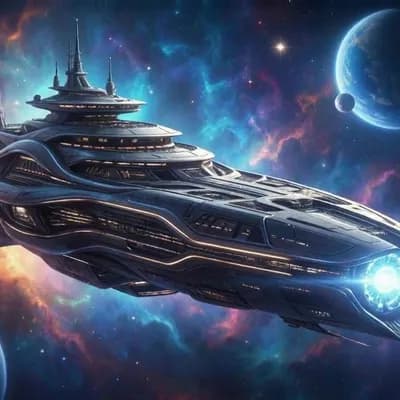 AI generated video: Create a cinematic sequence where the massive starship (Versel) is suspended in space, maintaining f...
