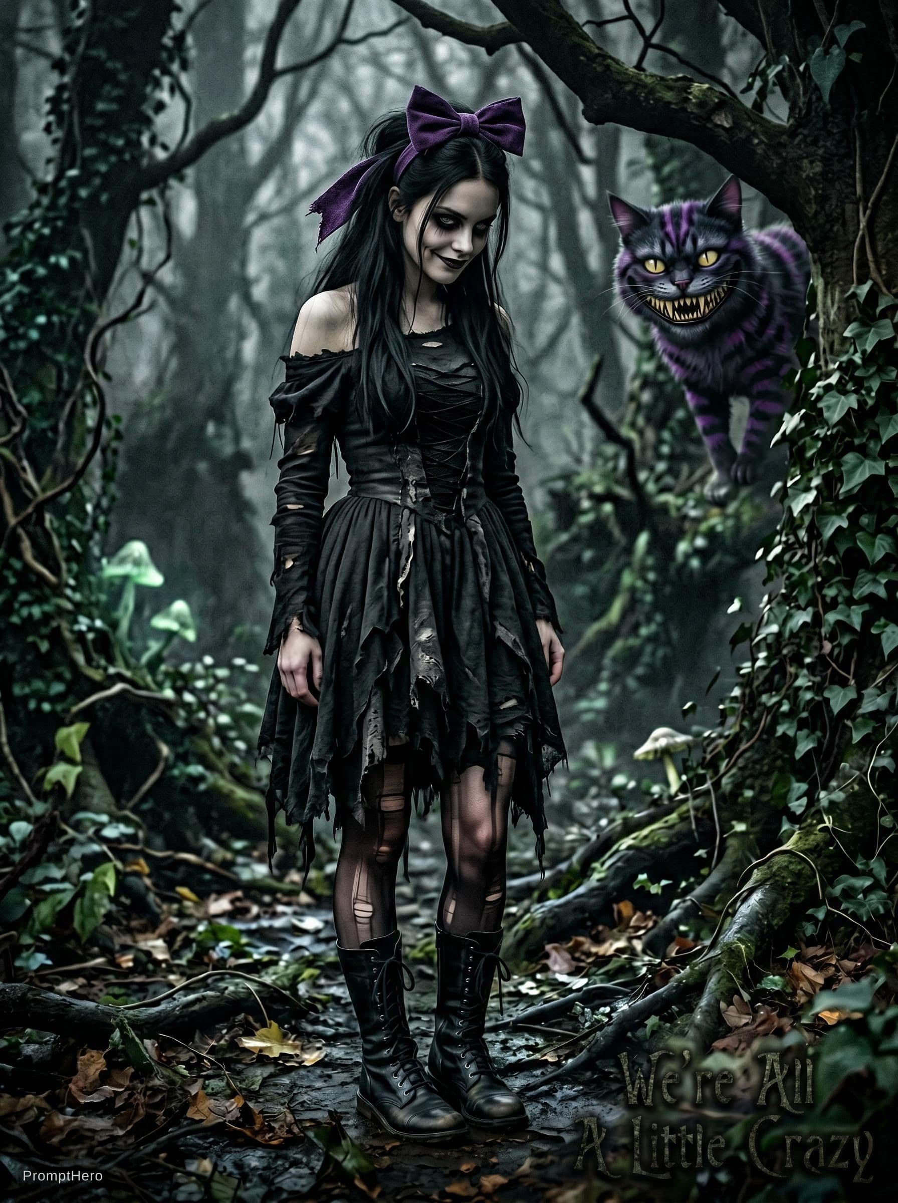 AI generated: A dark gothic Alice in wonderland , long back hair tied in dark purple bow , raggedblack gothic dres...