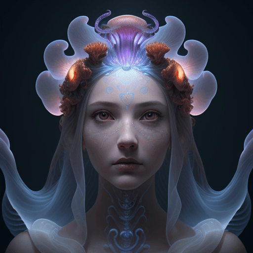 AI generated: Goddess close-up portrait ribcagel. jellyfish phoenix head, nautilus, orchid, skull, betta fish, bio...