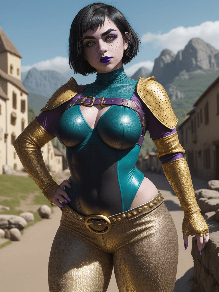 AI generated: D&D world, awkward pose, girl, she is covering her chest with her arms, looking at camera, embarrass...