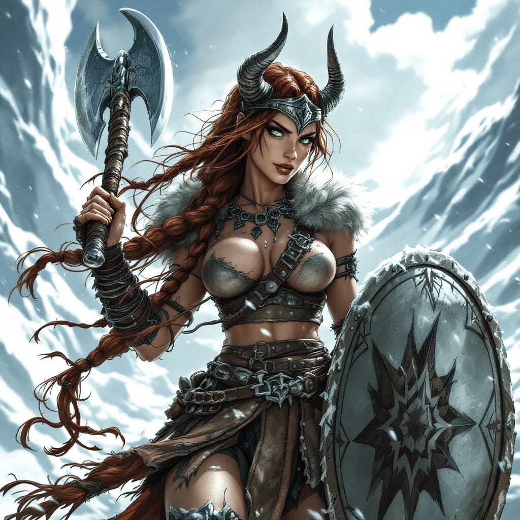AI generated: The Comic Book Viking: A powerful warrior with long, braided dark auburn hair, adorned with metal je...